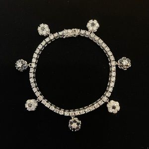 TENNIS BRACELET w/ CZ Flower Dangles Clear & Black